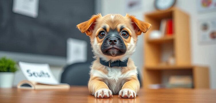 An adorable puppy in a miniature business setting, looking smart and engaging, ready to present Focus on its intelligent expression and posture,  workshop,  intelligent - Powered by Adobe