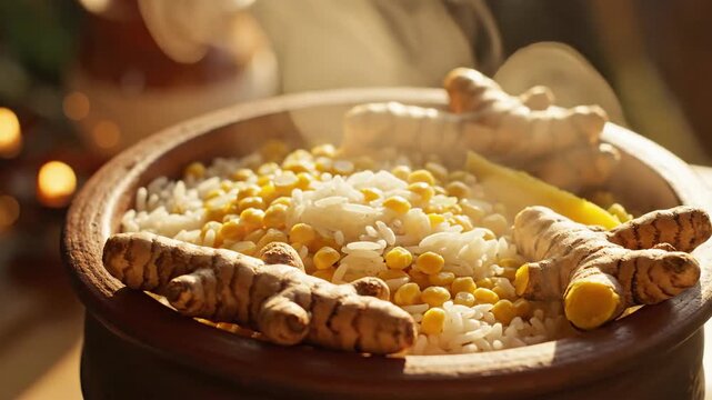 A steaming, golden close-up shot of traditional pongal rice and lentils, garnished with raw turmeric roots in a clay pot, celebrating the festive spirit of makar sankranti.