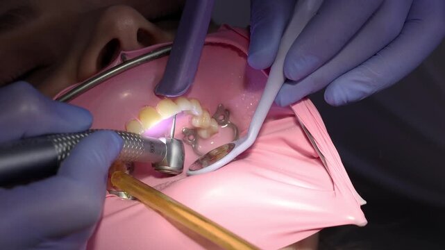 Close-up of dentist removing tooth decay with a dental drill on front teeth. Rubber dam isolation, professional cavity treatment, modern dentistry procedure and oral care.