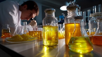 Innovative Chemist Experimenting with Biodegradable Polymers in Modern R&D Lab, Dramatic Low-Angle Shot with Studio Lighting, Close-Up Composition.