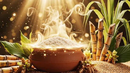 Traditional Clay Pot with Steaming Rice Sugarcane Harvest Festival
