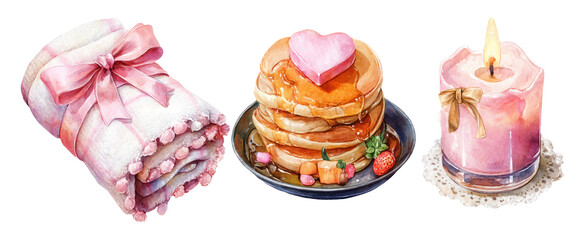 Cozy Evening Scene in Warm Watercolor Style with Pancakes and Decorative Elements