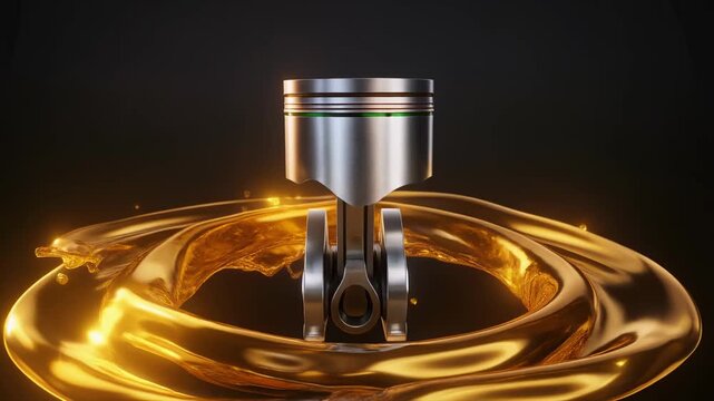 Close Up Of A Metal Piston Assembly Suspended In Golden Motor Oil With A Dark