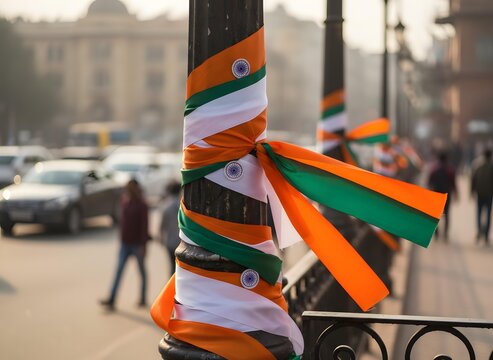 Republic Day Decorations with Indian Tricolor Ribbons Wrapped Around Street Lamp in Urban India