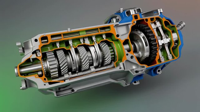 Detailed Cutaway View Of A Complex Mechanical Transmission Gearbox With