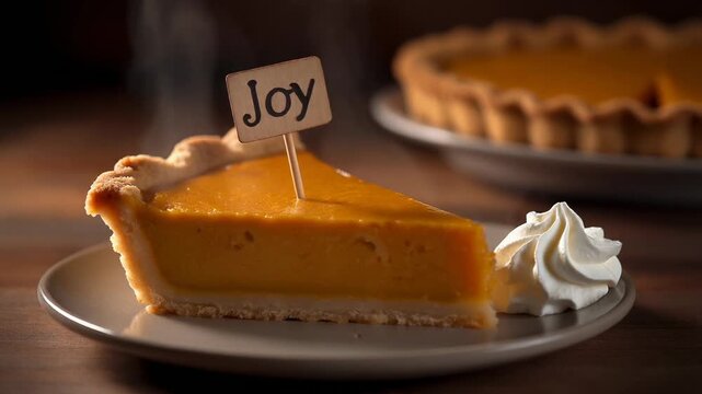 Delicious Slice of Pumpkin Pie with Whipped Cream and 'Joy' Topper Steaming Gently on a Plate