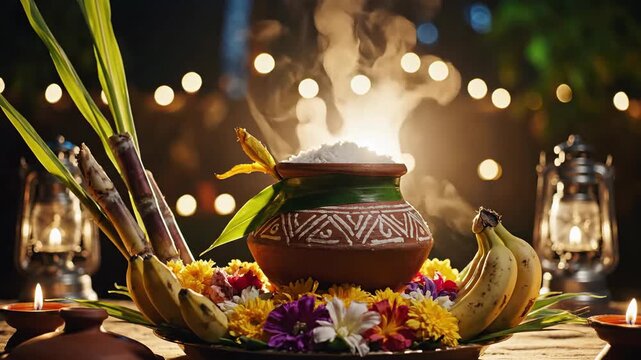 Steaming Pongal Pot Offering Sugarcane and Bananas Festive Harvest Scene