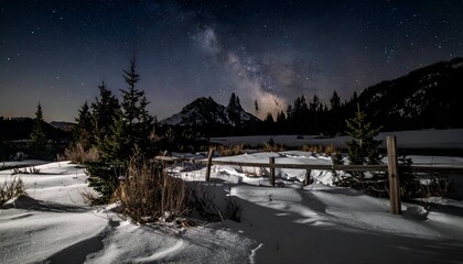 Snowy Landscape Under a Starry Night Sky in the Mountains.