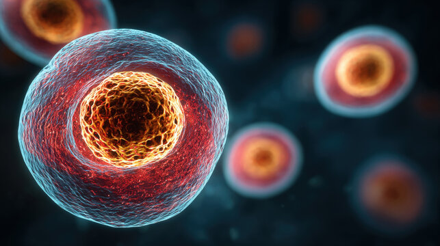 Detailed Microscopic View of Human Cell: Close-Up 3D Rendering of a Single Living Cell with a Bright Orange Nucleus and Blue Outer Membrane on a Dark Background