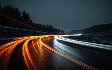 Smooth Night Traffic Trails on Wet Road in Scenic Forest Landscape