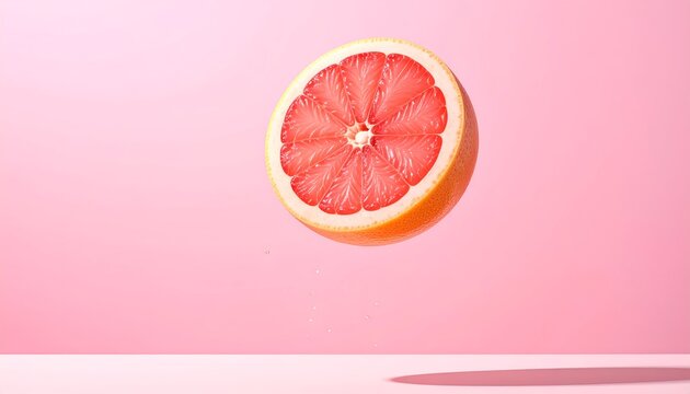 Vibrant grapefruit half levitating against a soft pink backdrop.