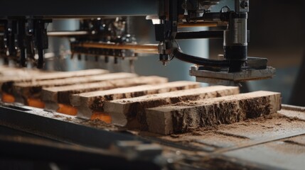 Medium shot of an automated wood sorting line using advanced sensors and AI algorithms to classify materials by quality for efficient processing.