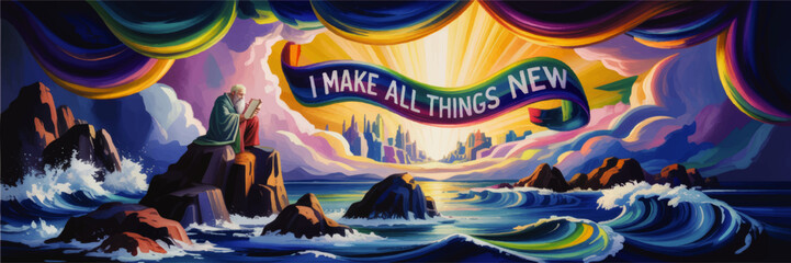 Vibrant prophetic seascape illustration with elder reading scroll, heavenly city, rainbow banner text I MAKE ALL THINGS NEW