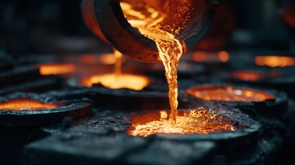 Closeup medium shot of molten metal being poured into molds in an energyefficient foundry dedicated to sustainable metal reuse.