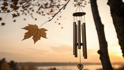 Windchime hanging from tree branch during peaceful sunset
