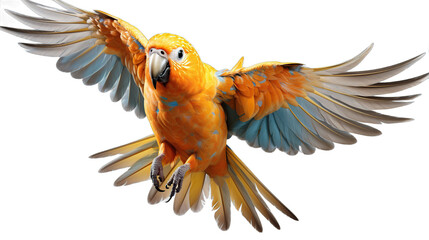 A vibrant orange parrot with blue wing accents soars through the air with its wings spread wide.
