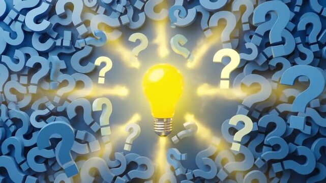 Bright Idea Light Bulb Illuminating a Sea of Blue Question Marks: Concept of Problem-Solving, Innovation, and Finding Solutions Amidst Uncertainty