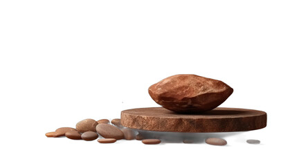 A Single Brown Rock Rests Upon a Wooden Stand Surrounded by Smaller Pebbles