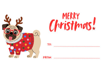 Funny Pug Christmas Card with Reindeer Antlers – Merry Christmas Greeting Template