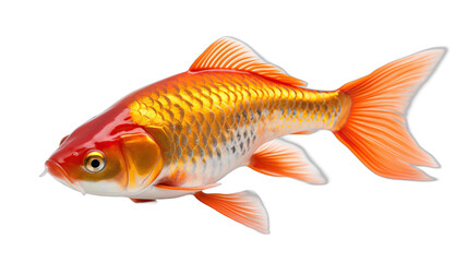 A single, vibrant orange and gold goldfish with a flowing tail swimming in isolation
