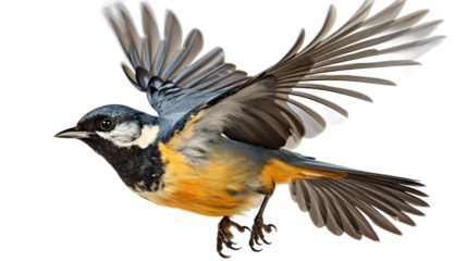A Small Bird in Flight with Wings Spread Wide and a Bright Yellow Chest