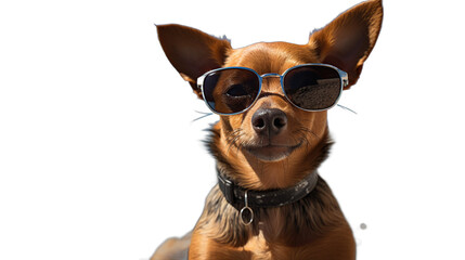 A Small Tan Dog Wearing Sunglasses and a Collar Outdoors on a Sunny Day