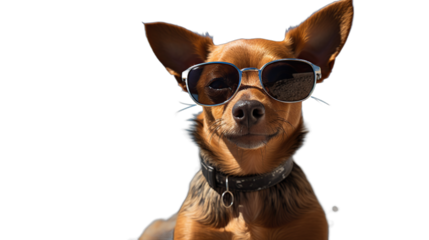 A Small Tan Dog Wearing Sunglasses and a Collar Outdoors on a Sunny Day