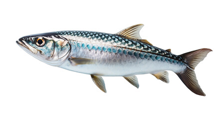 A solitary Atlantic Mackerel fish swimming in isolation, captured in a professional studio shot against a transparent background.