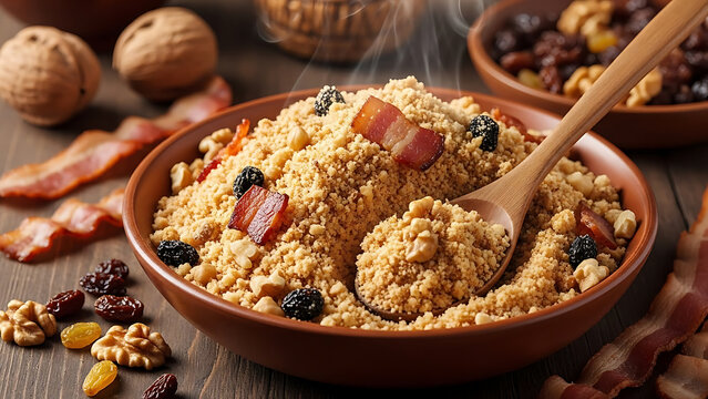 Traditional Christmas Farofa with Dried Fruits and Bacon