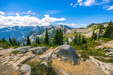 Rocky foreground overlooking rolling alpine terrain, evergreen trees, and distant mountain peaks in the North Cascades of Washington on a sunny summer day.