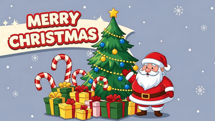 A cheerful illustration of Santa Claus, a decorated Christmas tree, gifts, and candy canes with "MERRY CHRISTMAS" text.