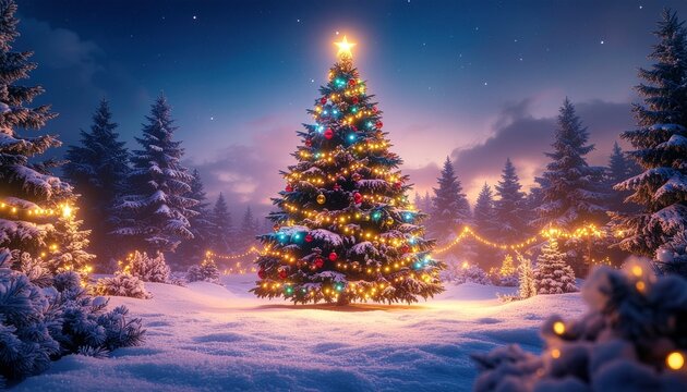 Christmas background. Xmas tree with snow decorated with garland lights, holiday festive background. Widescreen frame backdrop. New year Winter art design, Christmas scene wide screen holiday border