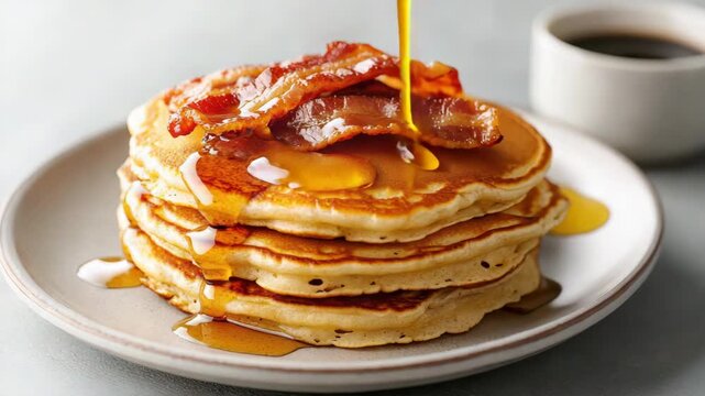 Fluffy pancake stack with crispy bacon, golden syrup drizzling on breakfast plate, cozy stack scene