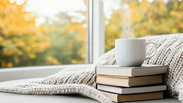 Cozy stack of books with steaming mug on knit blanket by window in autumn steam