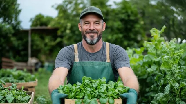Smiling gardener man holding crate of fresh spinach from organic vegetable garden harvest