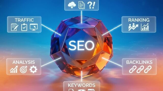 Search Engine Optimization (SEO) Strategy: Core Elements Radiating from a Digital Crystal, Illustrating Traffic, Ranking, Backlinks, Keywords, and ...