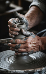 Close up of an artisan's aged hands shaping wet clay on a spinning pottery wheel in a studio