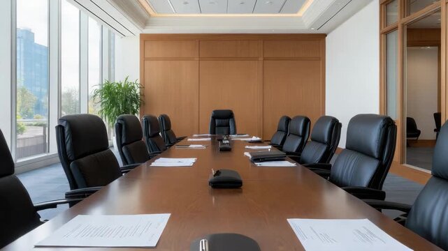 Spacious modern conference room boardroom with long wooden table leather chairs bright professional