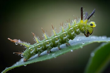 Naklejka premium Stunning close-up of a vibrant green caterpillar adorned with sparkling water droplets crawling along a lush leaf in nature