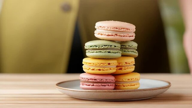 Pastel macaron dessert pastry stack plate with delicate colorful layers evoking sweet celebration