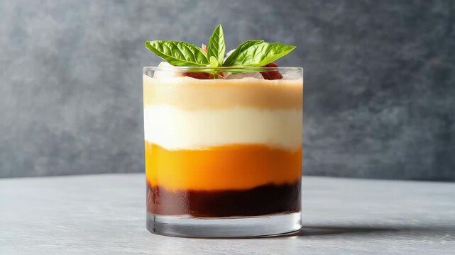 Dessert layered dessert glass cream chocolate orange parfait with mango basil garnish cream filled