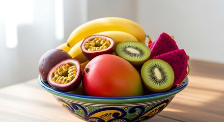 Assorted vibrant tropical fruits displayed attractively in painted bowl