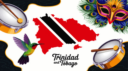 Trinidad and Tobago carnival illustration with map, steelpan drums, hummingbird, feather mask and festive Caribbean design