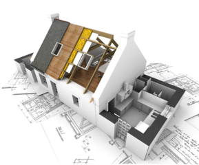 Architectural model of a house with blueprints architecture isolated on a transparent background