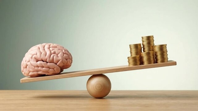 Human Brain Outweighs Stack of Gold Coins on a Balance Scale, Symbolizing the Value of Intellect Over Material Wealth and Financial Riches