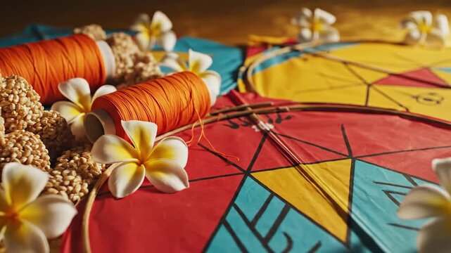 Colorful Kites Sweets and Thread for Makar Sankranti Pongal Celebration