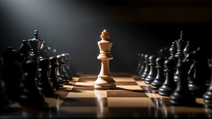 Single White Chess King Stands Alone Against Black Army on Chessboard.