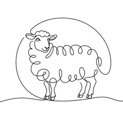 Continuous line drawing of a sheep with a simple circular background