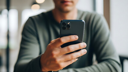 Man using a smartphone in a modern indoor setting; concept of mobile technology, digital communication, and everyday use of applications.