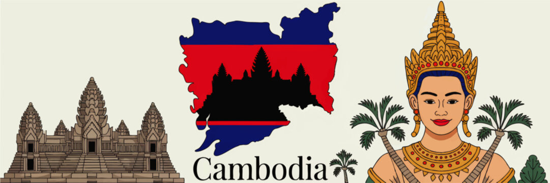 Cambodia culture illustration with Angkor Wat temple, country map flag silhouette and traditional apsara dancer, travel tourism art